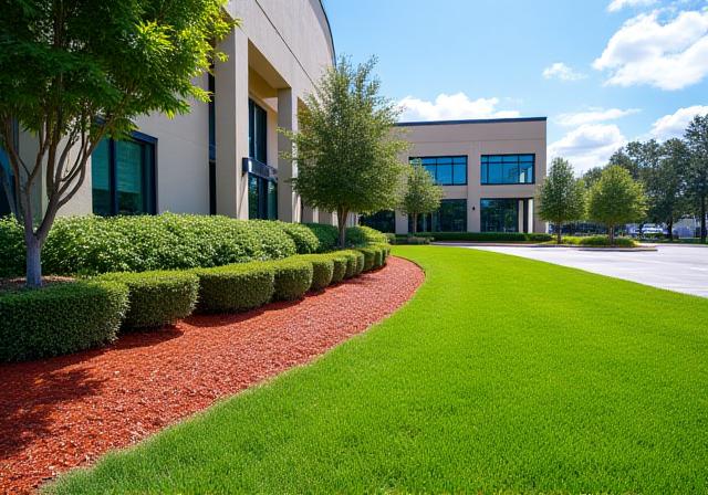 Commercial property in Jacksonville with pristine landscaping, fresh mulch, and perfectly trimmed hedges