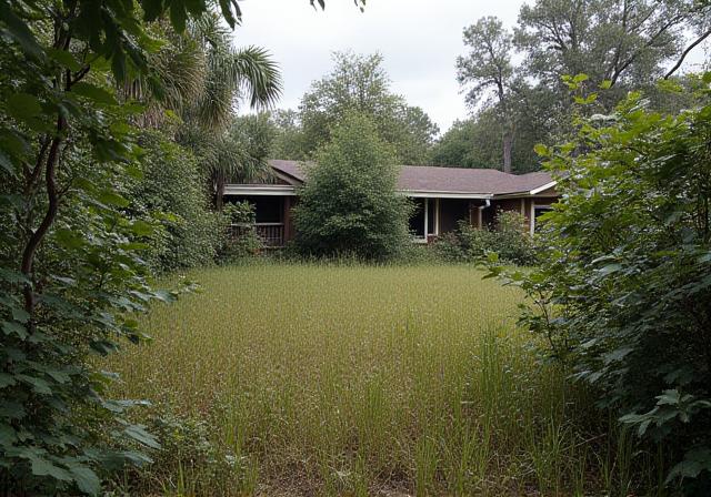 Overgrown residential backyard in Jacksonville before cleanup by Jungle Life Landscape LLC